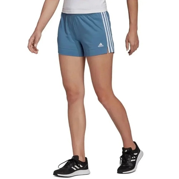 Adidas Women's Pacer 3-Stripes Knit M Size Shorts - Altered Blue/white NWT - Picture 1 of 4